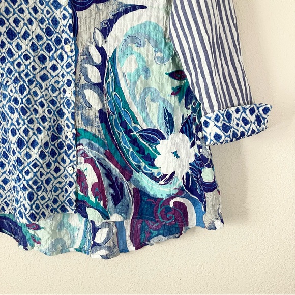 HABITAT Patchwork Button Up Shirt Blouse S Artsy Vacation Spring Boho Lagenlook - Picture 8 of 12